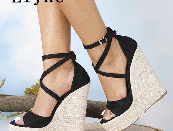 Liyke Taglia 35-42 Sandali con zeppa con plateau Moda sexy Fondo spesso Open Toe Cinturino con fibbia Nero Tacchi alti Scarpe da donna Estate 2026