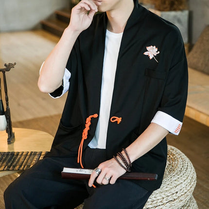 Nuova Camicia Giapponese da Samurai Ricamata in Cotone e Lino da Uomo, Vestibilità Ampia, Stile Retrò Tradizionale, Casual, Traspirante, Confortevole ed Elegante
