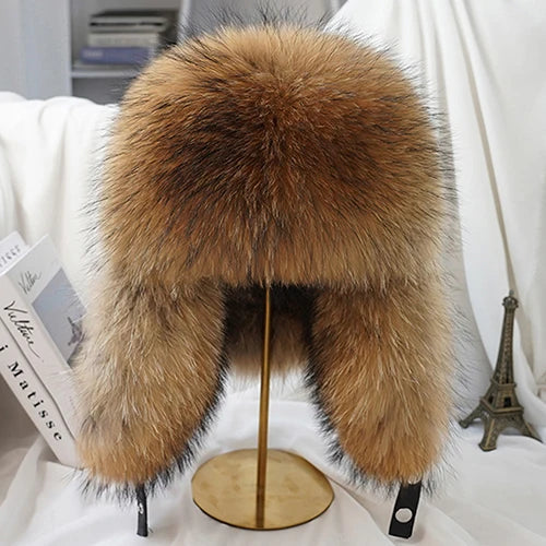 2026 Cap 100% Raccoon Dog Full Fur Fox Fur Hat Men's Fur Ear Protection Winter Thickened and Warm Russian Hat Men's Trend