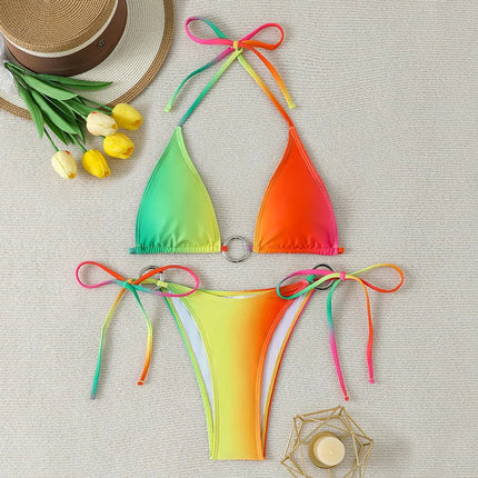 Bikini a triangolo da donna con anello a colore sfumato sexy, costume da bagno 2026, set micro bikini, abbigliamento da spiaggia, biquini platinumshop