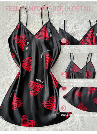 Camicia da notte sottoveste in raso con stampa labbra rosse per San Valentino, mini abito da notte senza schienale con scollo a V, abiti da notte da donna