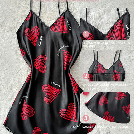 Camicia da notte sottoveste in raso con stampa labbra rosse per San Valentino, mini abito da notte senza schienale con scollo a V, abiti da notte da donna