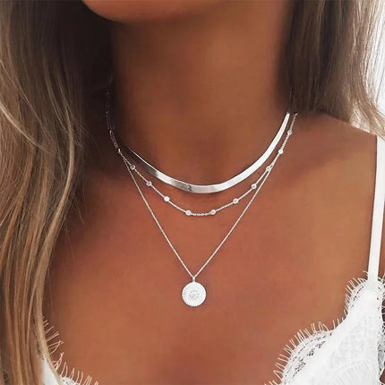 925 Sterling Silver Three-Layer Round Necklace Simple Snake Chain Charm Ball Chain Party Wedding Gift Women's Exquisite Jewelry PlatiNum