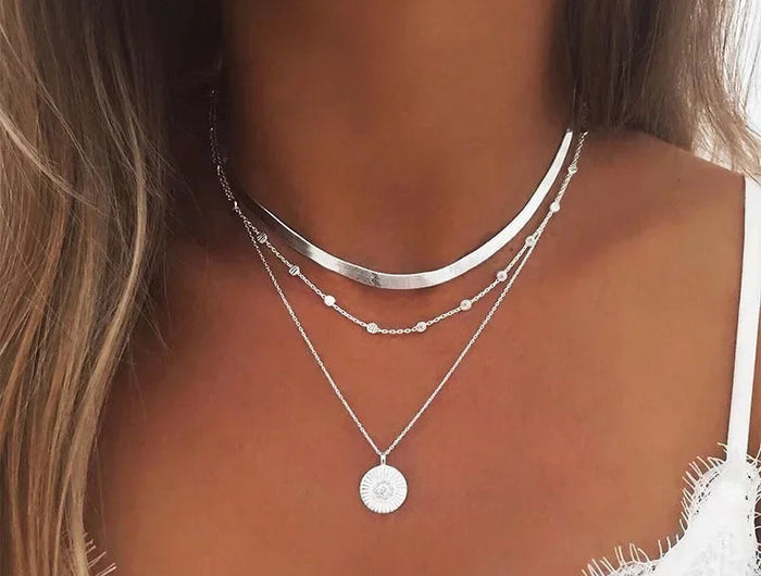 925 Sterling Silver Three-Layer Round Necklace Simple Snake Chain Charm Ball Chain Party Wedding Gift Women's Exquisite Jewelry PlatiNum