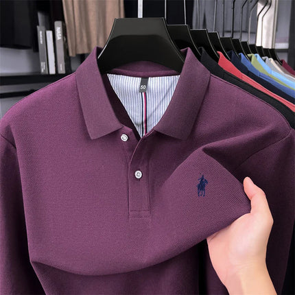 High-end branded long-sleeved polo shirt, 100% cotton, new business men's leisure lapel t-shirt, luxury comfort with Paul pony embroidery