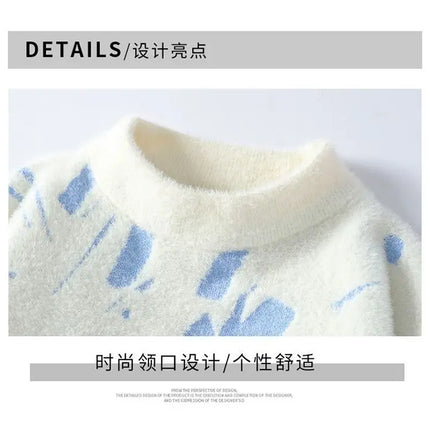 Winter Men's Thickened Fleece Sweater Irregular Jacquard Pattern Casual Round Neck Pullover Tops Striped Soft Knitted Sweaters
