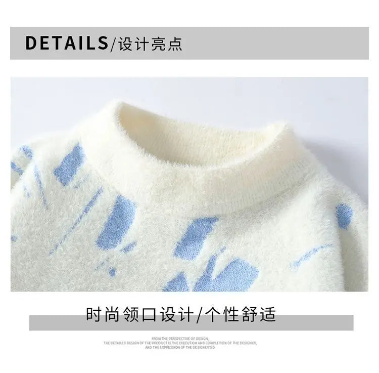 Winter Men's Thickened Fleece Sweater Irregular Jacquard Pattern Casual Round Neck Pullover Tops Striped Soft Knitted Sweaters