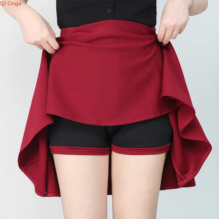 Gonna elasticizzata rossa da donna per la primavera e l'estate, design a vita alta per evitare l'esposizione, con dettagli plissettati.