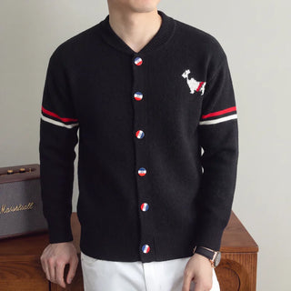 Fashion Men's Knit Cardigan High-End Brand Cartoon Dog Print Design Autumn Winter New Classic Striped Korean Casual Sweater Coat
