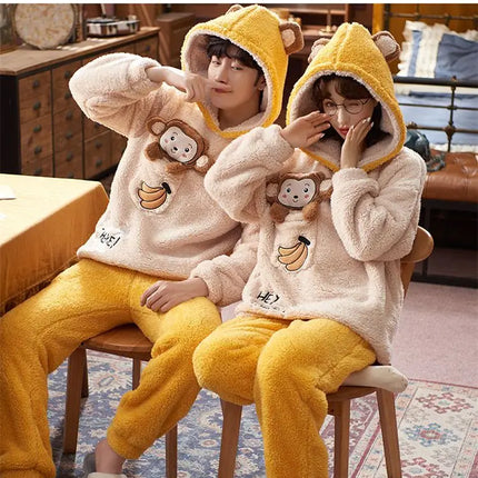 Couples Pajamas Women Men Winter Thicken Pyjamas Sleepwear Cartoon Dinosaur Korean Lovers Homewear Soft Warm Hoodies Pijama