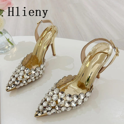 Hlieny Hollow Out Patent Leather Women Pumps Fashion Crystal Diamonds Pointed Toe Gold Silver High Heels Shoes Stiletto Sandals PlatiNum