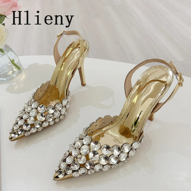 Hlieny Hollow Out Patent Leather Women Pumps Fashion Crystal Diamonds Pointed Toe Gold Silver High Heels Shoes Stiletto Sandals PlatiNum