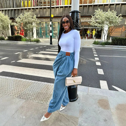 Jeans da Donna a Gamba Larga Lavati a Vita Alta con Pieghe e Effetto Distressed, Denim Vintage Primavera 2026, Pantaloni Femminili Streetwear a Tutta Lunghezza