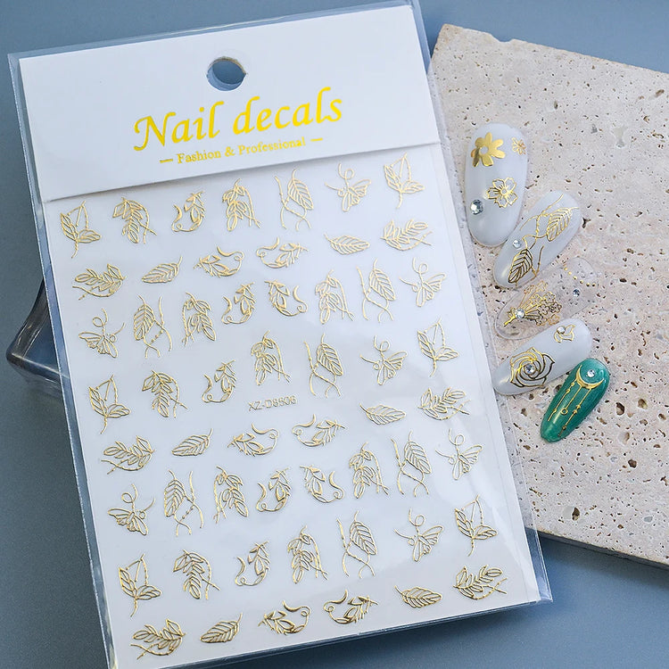 1pcs Gilded Hollow Flower Leaves Nail Art Stickers French Lines Bohemian Tassels 3D Nail Decals Rose Pattern Manicure Decoration