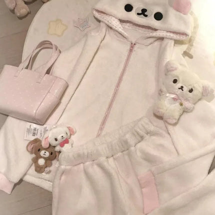 Cute Japan Bear Sleepwear Rilakkuma Y2K Hoodie Pajama Set Girls Fleece Lined Hooded Homewear Suit Autumn Winter Loungewear New