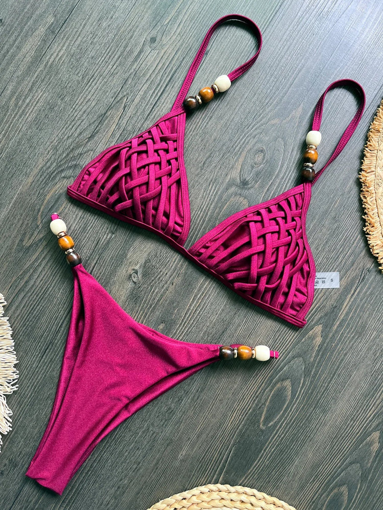 Sexy marrone bikini set 2026 donne perle cinturino foro fuori reggiseno push up perizoma costume da bagno brasiliano spiaggia costume da bagno micro costumi da bagno platinumshop