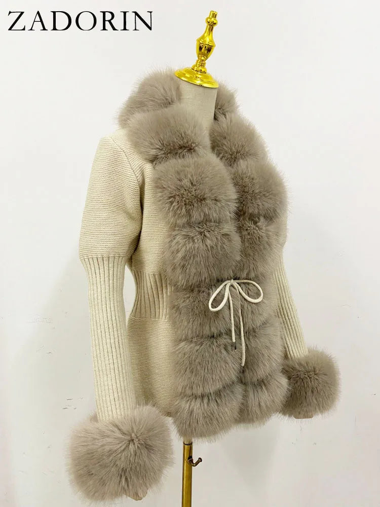 ZADORIN Luxury Fur Cardigan Knit Winter Sweater Women Elegant Detachable Fur Belt White Pink Black Womens Cardigan Korea Style