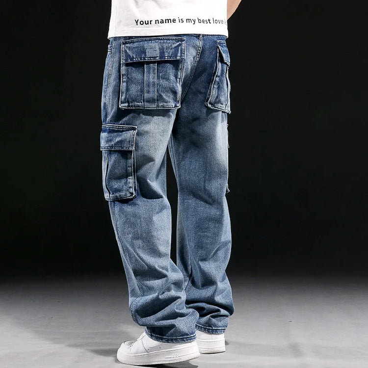 Wide Leg Pant Distressed Cargo Jean Men Jeans Washed Denim Patchwork Solid Full Length Pants Loose Pockets High Street 2025 PlatiNum