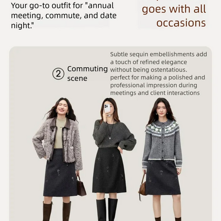 SENTUBILA Women's Straight Skirt 2025 Office Lady Wool Blend Sequin Beading Mid Length Skirt Winter Clothing for Women 154QF6318 PlatiNum
