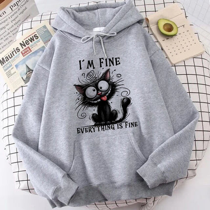 Women’s Vintage Y2K Hooded Pullover, Kawaii Sweatshirt With Sarcastic Cat Graphic Print Long‑Sleeve Tops For Daily Street Wear