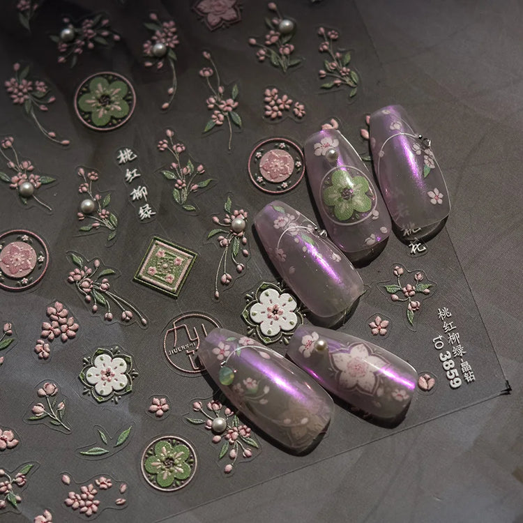 5D Kawaii Lily Nail Art Stickers 1pcs Japanese Pink White Flower With Diamond Self Adhesive Nail Decorations Slider Decals DIY