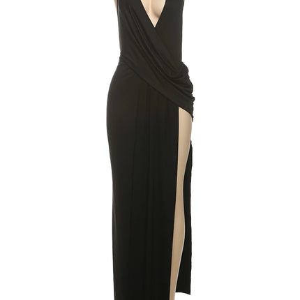 Nibber Criss Cross Collar Summer Dress Women Halter V-Neck Backless Side Slit Solid Sleeveless Slim Sexy Vacation Prom Party Dresses