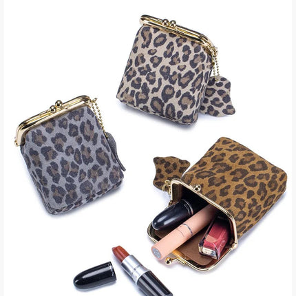 New Arrival Square Leopard Print Leather Small Purses Women's Portable Coin Money Wallets Earphone Lipstick Pouch Card Holders PlatiNum
