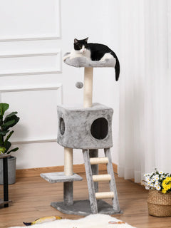 PawHut Tiragraffi Multilivello Palestra per Gatti con Cuccia, Scala e Corde in Sisal, Grigio Chiaro, 50x40x120cm