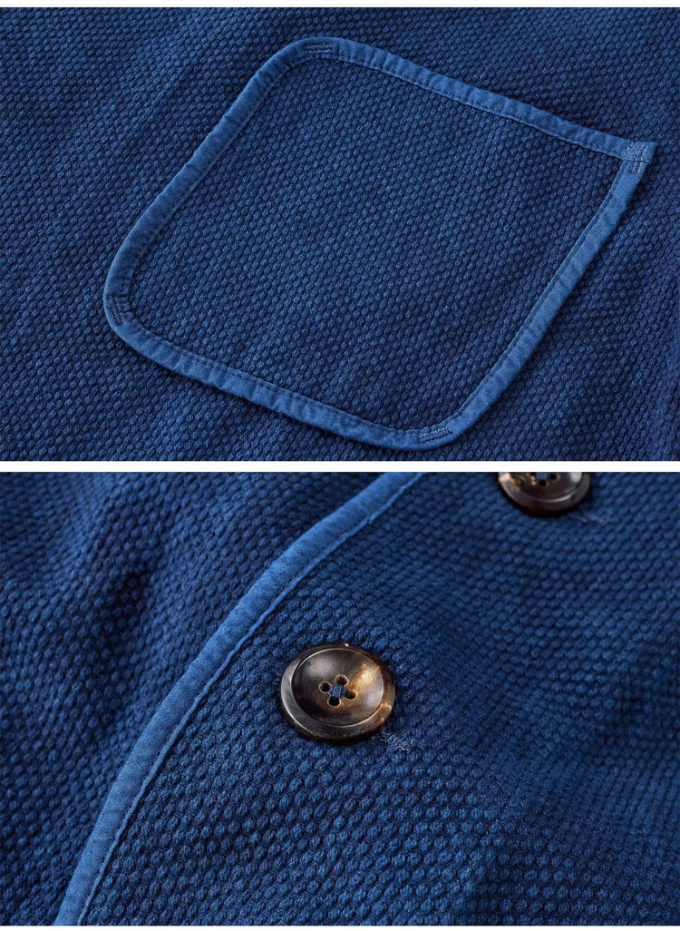 Vintage Handmade Indigo Jacket Men Spring Autumn New Lapel Multi-pocket Plant Blue Dyed Long Sleeve Jacket Casual Cardigan Coat