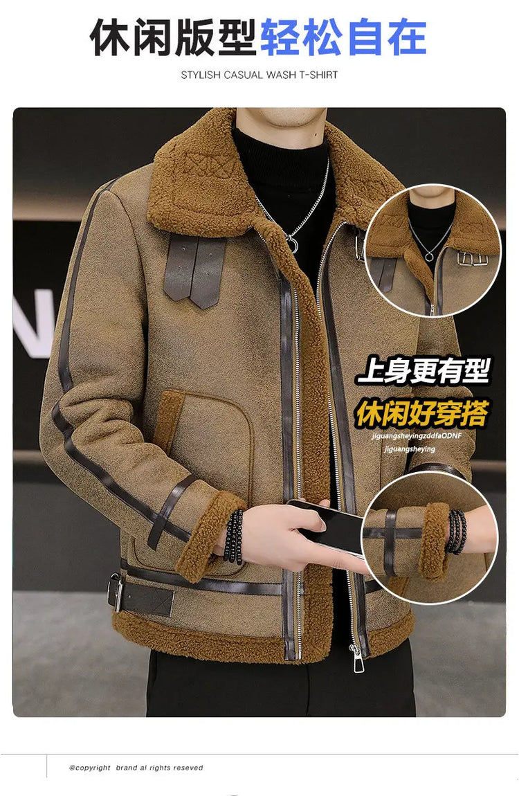 High-quality Faux Fur Leather Jackets Men Splicing Pockets Trend Casual Motorcycle Bike Jacket Winter Thick Warm Coat Streetwear