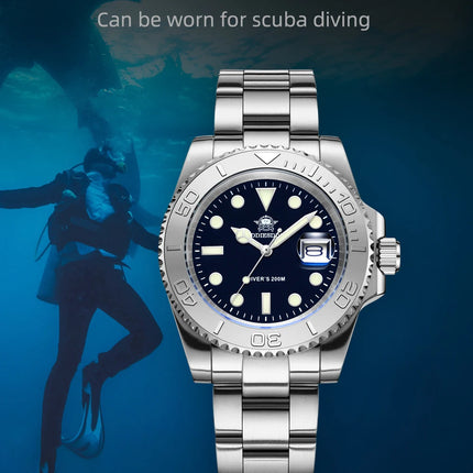 ADDIESDIVE Men's Quartz Watch 200m Waterproof Ceramic Bezel Steel Watch Magnifying Mirror Glass BGW9 Blue Luminous Diving Watch