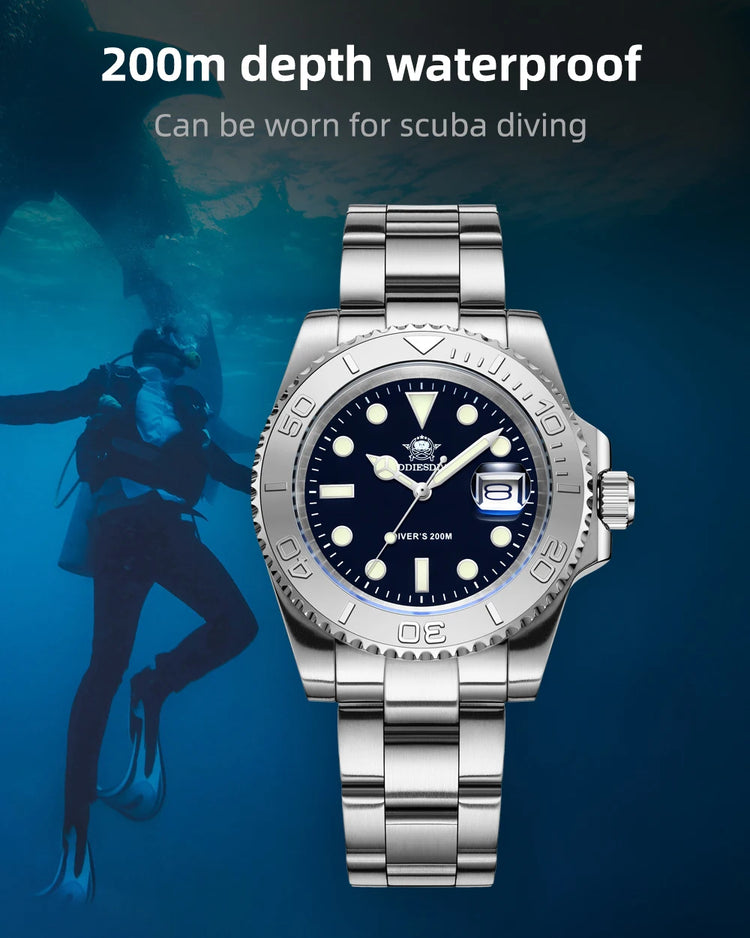 ADDIESDIVE Men's Quartz Watch 200m Waterproof Ceramic Bezel Steel Watch Magnifying Mirror Glass BGW9 Blue Luminous Diving Watch