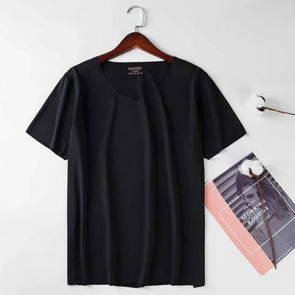 2025 Men's Thin Short Sleeve Ice Silk Without Summer Solid Color T Shirt Trace Slim V-neck Bottoming Seamless Short Sleeve PlatiNum