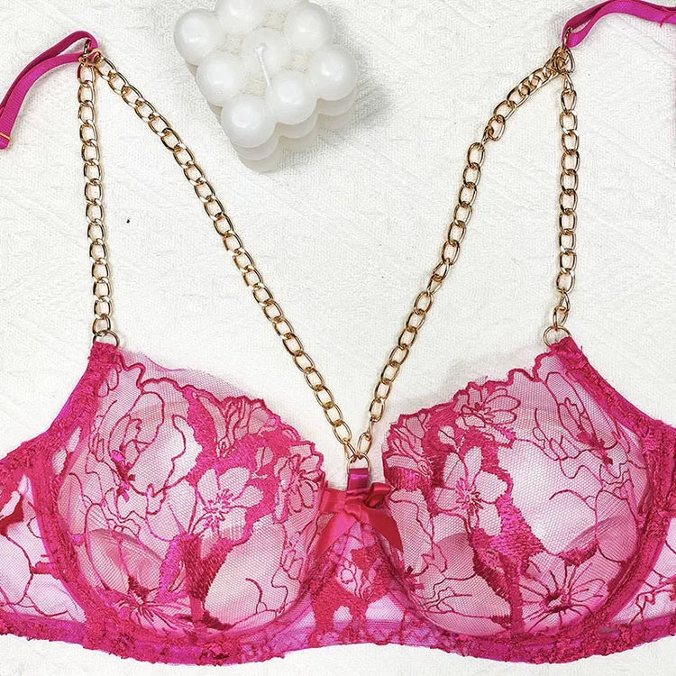 Sexy Clothes Women Lingerie Hot Fashion Chain Embroidery Sexy Perspective Hollow 3-point Lingerie Hot Lingerie Women