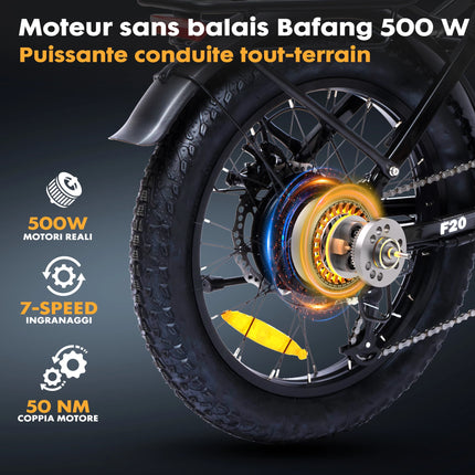 Bicicletta Elettrica Fat Tire Commuter Bodywel F20 500W 48V 15Ah con Autonomia 60-80KM, Pneumatici Fat 20"x3.0", 7 Velocità e Sospensione Anteriore per Adulti Urbani