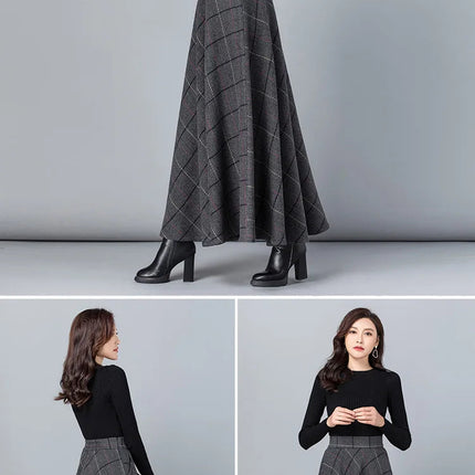 New Women Thick Woolen Skirt Autumn Winter Fashion Elastic High Waist A-Line Long Plaid Skirt Elegant Easy Match Wool Skirt PlatiNum