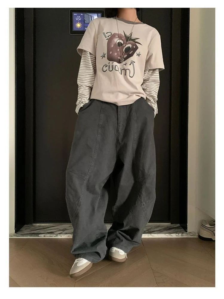 HOUZHOU Y2K Vintage Wash Donna Cargo Jeans Harajuku Scimitar Gamba larga Pantaloni in denim retrò americani Pantaloni larghi Gyaru Streetwear