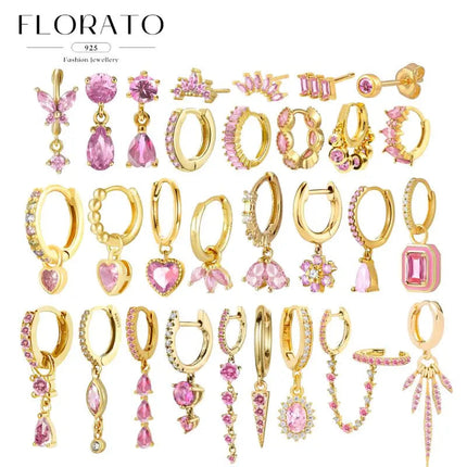 Lussuosa geometria 925 orecchio in argento sterling Ago rosa serie zircone orecchini a cerchio pendenti dolce moda regali di gioielli da sposa platinumshop