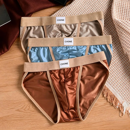 3 pezzi LORIEN CREST Slip bikini triangolari da uomo in raso di seta di lusso, traspiranti, ultra morbidi, comodi, sexy, intimo maschile