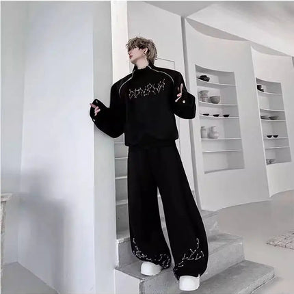 LUZHEN Fashion Street Two-piece Sets Men's Zipper Shoulder Design Long Sleeve Sweatshirt 2025 Autumn Loose Wide Leg Pants JY3912 PlatiNum