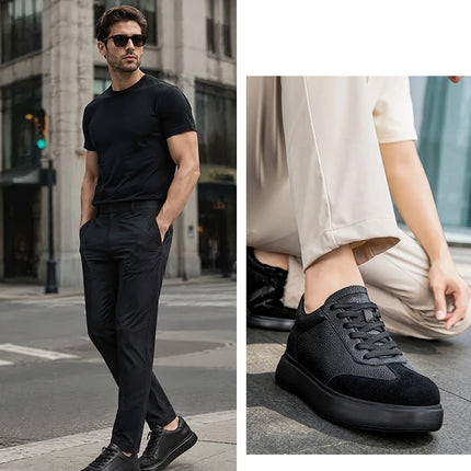 Men 7CM Invisible Height Increasing Sneakers Comfortable Breathable Leather Casual Elevator Shoes Lace Up Thick Sole Sport Shoes