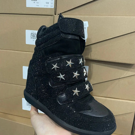 Women Rhinestone High Top Sneakers Hidden Wedge Heel Shoes Star Decor Hook & Loop Fashion Platform Ankle Boots