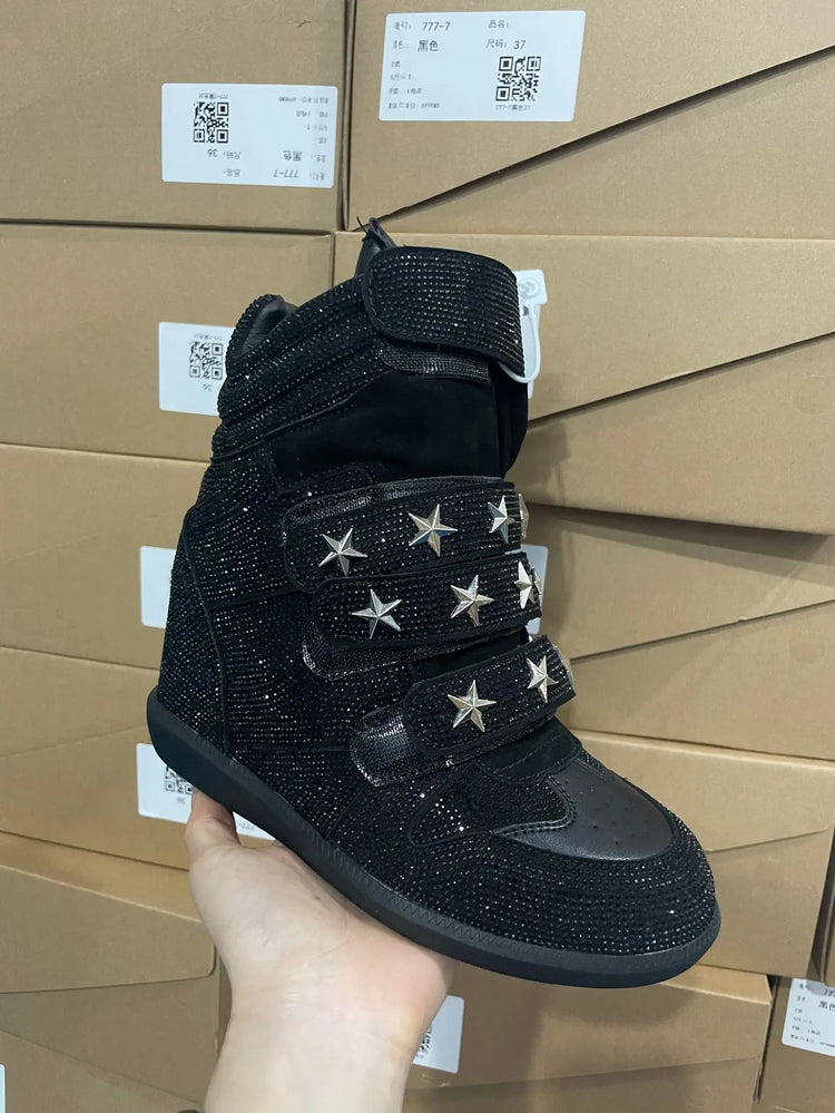 Women Rhinestone High Top Sneakers Hidden Wedge Heel Shoes Star Decor Hook & Loop Fashion Platform Ankle Boots