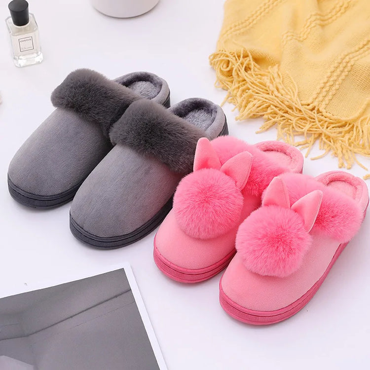 Thick Sole Winter Plush Slippers Cozy Faux Rabbit Fur Indoor House Shoes for Women & Men Couple Matching Slides with Closed Back