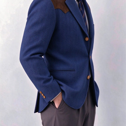Herringbone Tweed Men's Blazer Jacket Wool Blend Suede Patch Shoulder Men's Sport Coat Business Casual Slim Fit For Oktoberfest