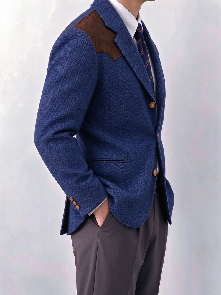 Herringbone Tweed Men's Blazer Jacket Wool Blend Suede Patch Shoulder Men's Sport Coat Business Casual Slim Fit For Oktoberfest