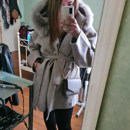 OFTBUY Omen Double Face Wool Coat Natural Fur Coat Wool Blend Jacket Winter Warm Elegant Long Sleeve Fur Cuffs Fashion Outerwear