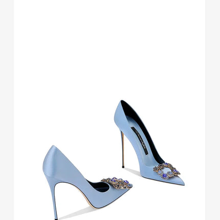 Nuove Scarpe da Donna Primavera-Autunno 2026, Tacchi Alti Blu con Punta Sottile, Strass e Fibbia Quadrata, Eleganti e alla Moda
