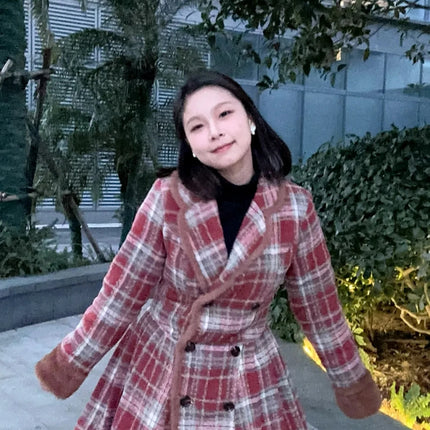 Women's Double Breasted Plaid Coat, Woolen Jacket , V-Neck, Loose Tops, Female Clothes, Sweet, New, Autumn, Winter