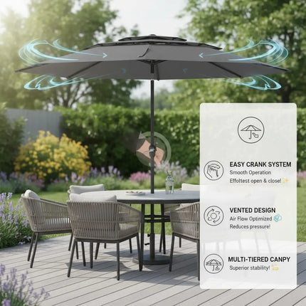 Ombrellone da Giardino a 3 Livelli Ventilato 300cm, con Sistema di Inclinazione a Pulsante e Manovella, Palo in Metallo Robusto, Ombrellone da Spiaggia e Giardino